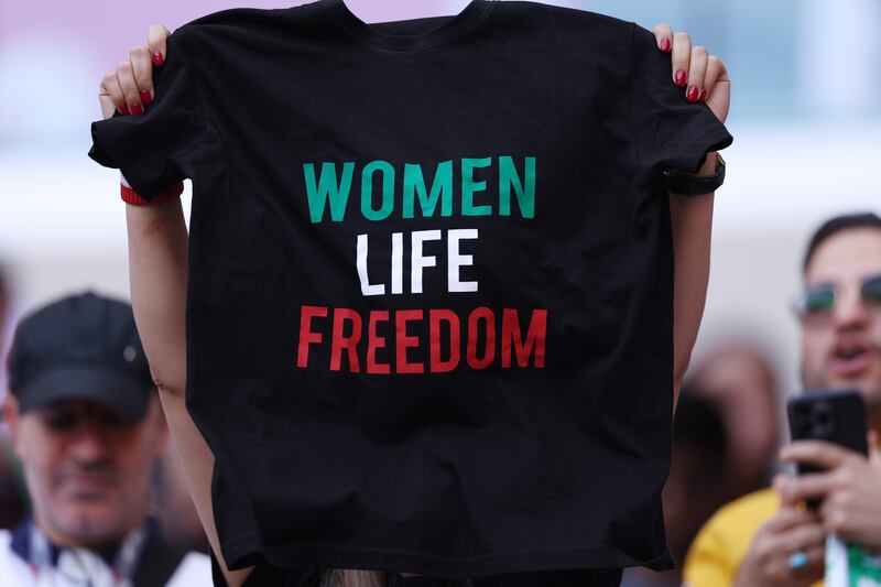 Sinister men insulted people who displayed their support for Iranian women's rights outside the stadium Iran's stirring win over Wales. Photograph: Richard Heathcote/Getty Images