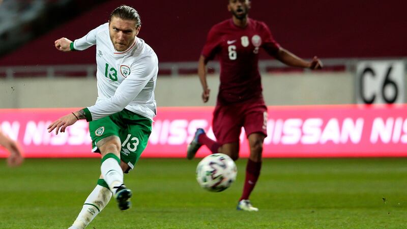 Jeff Hendrick attempts a shot on goal during the friendly against Qatar in Hungary. Photograph: Trenka Attila/PA Wire