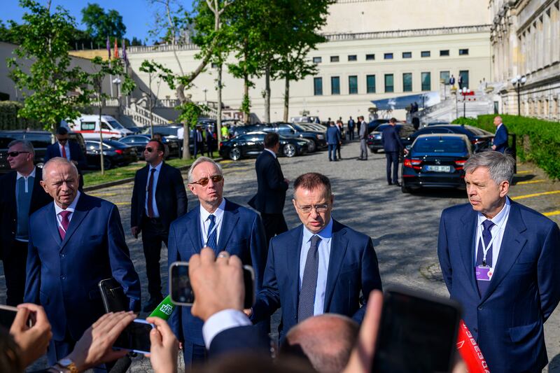 Vladimir Medinsky (secon from right), head of the Russian delegation, delivers a statement to the press after a second round of direct talks between Ukrainian and Russian delegates. Photograph: Getty Images