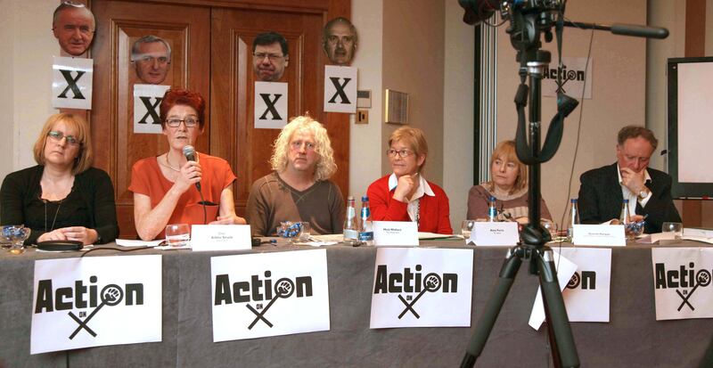 Pictured at an Action on X public meeting in Dublin’s Gresham Hotel demanding legislation on 1992’s Supreme Court X Case ruling are, from left, Irish Times journalist Anthea McTeirnan, Ailbhe Smyth of Action on X, Independent TD Mick Wallace, Labour Party TD Anne Ferris, academic and activist Goretti Horgan with journalist Vincent Browne. Photograph: Derek Speirs.