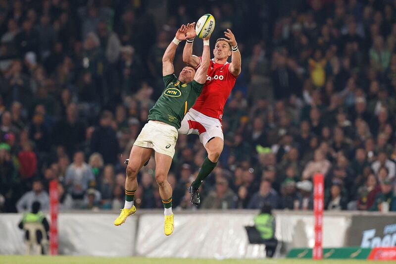 South Africa's centre Jesse Kriel jumps with Wales' centre George North during an international match at the Toyota Stadium in Bloemfontein on July 9th, 2022. File photograph: Getty Images