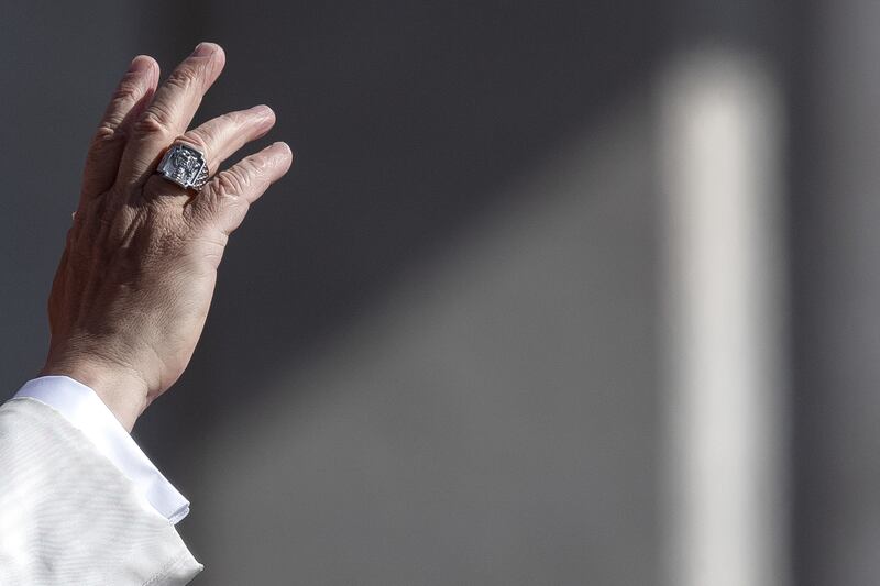 Pope Leo XIV waves as he arrives to lead his weekly general audience in St Peter's square at the Vatican. Photograph: Maria Grazia Picciarella/Middle East Images via AFP