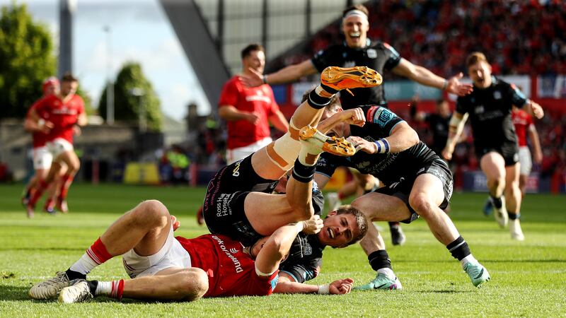 Glasgow Warriors' Sebastian Cancelliere scores his side's second try at Thomond Park. Photograph: Ben Brady/Inpho