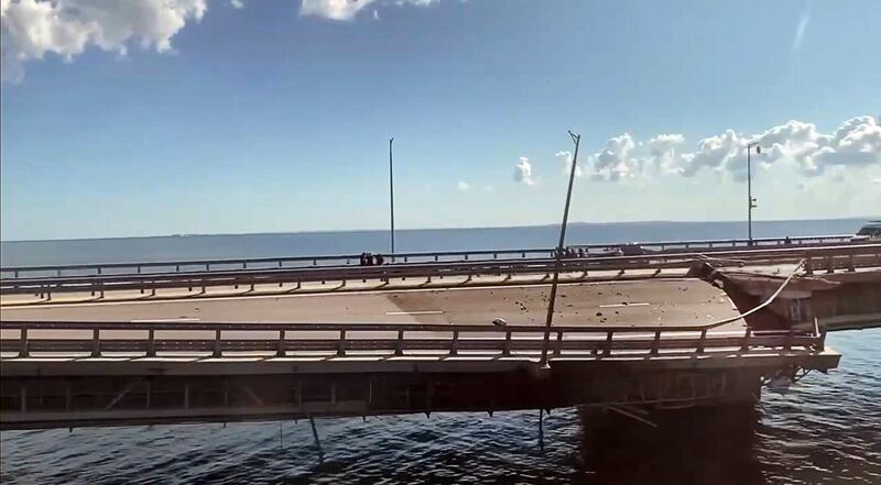A video grab of the damaged Kerch bridge - linking Crimea to Russia - which was heavily damaged following a Ukrainian drone attack in July. Photograph: AFP via Getty Images