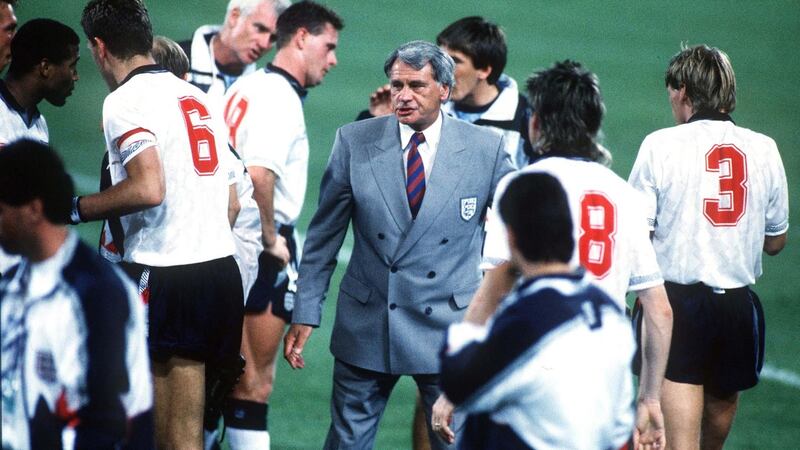 England manager Bobby Robson talks to his players ahead of extra-time in the second round game against Belgium at Italia 90. Photograph:  Mark Leech/Getty Images