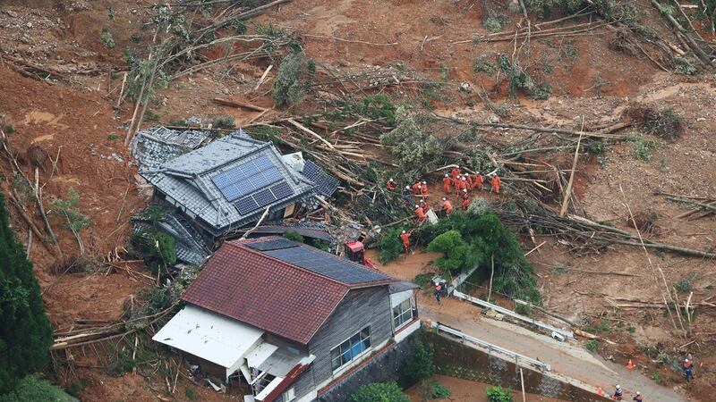 A house is washed away after a landslide due to heavy rain in Ashikita, Kumamoto prefecture, Japan. Photograph: Jiji Press/AFP via Getty Images