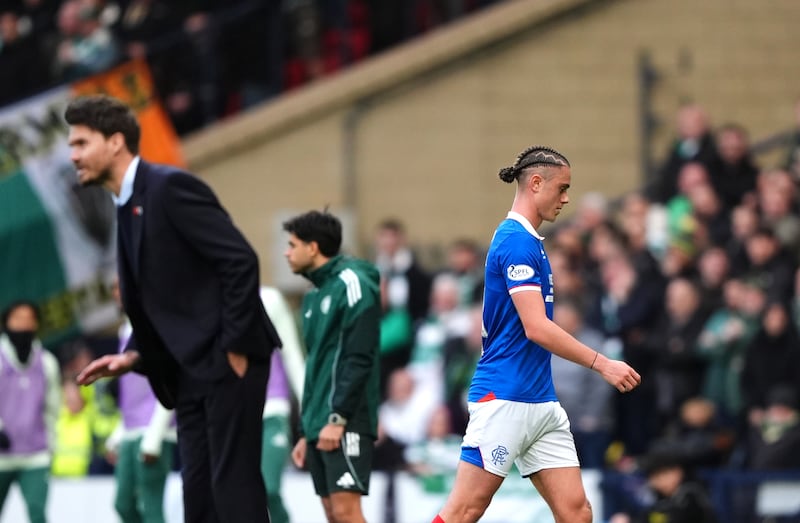 Rangers' Thelo Aasgaard leaves the pitch after being shown a red card. Photograph: Andrew Milligan/PA Wire