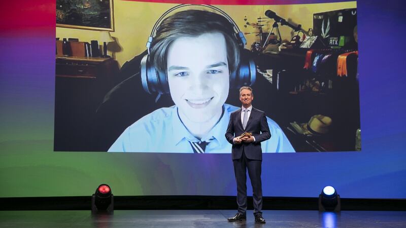 The first virtual BT Young Scientist and Technology Exhibition allowed more than 1,000 students from across Ireland to take part remotely. The winner was Cork student Gregory Tarr, pictured on screen. Photograph: Chris Bellew/Fennells