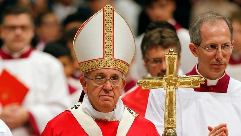 Pope Francis at the wedding of 20 couples in St Peter’s Basilica at the Vatican today. Photograph: Giampiero Sposito/Reuters