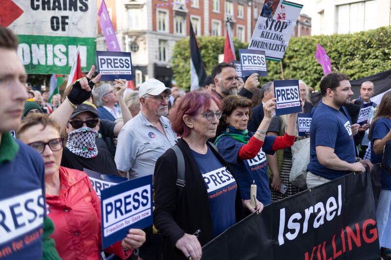 Members of the media gathered on O'Connell Street, Dublin, to express outrage at Israel's ongoing targeting and killing of journalists. 
Photograph: Chris Maddaloni
