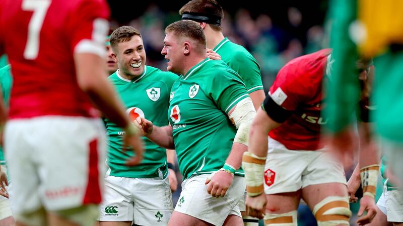 Tadhg Furlong celebrates his try against Wales. Photograph: Ryan Byrne/Inpho