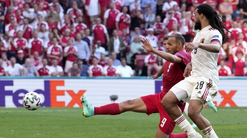 Martin Braithwaite narrowly misses a chance during Denmark’s 2-1 defeat to Belgium. Photograph: Martin Meissner/EPA