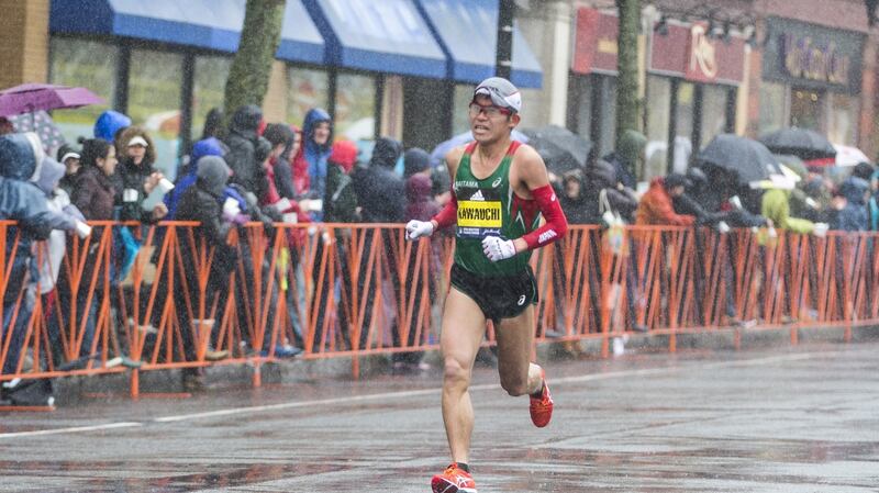 Yuki Kawauchi approaches the 24-mile marker during the 2018 Boston Marathon. Photograph: Scott Eisen/Getty Images