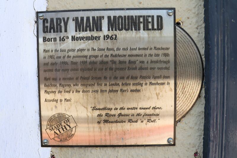 Plaque to Mani, the bass player from The Stone Roses, who is one of 26 people honoured in the Made of Athy project. Photograph: Ronan McGreevy