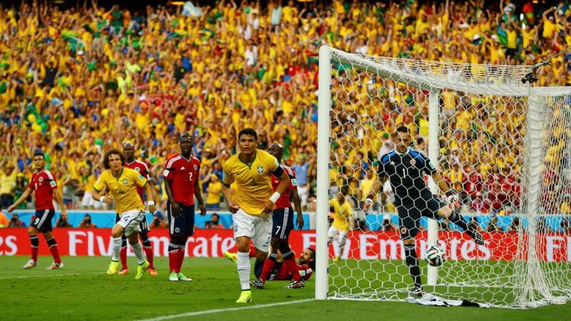 Brazil captain Thiago Silva  celebrates after scoring against Colombia during the World Cup quarter-final at the Arena  Castelao  in Fortaleza. Photograph: Marcelo Del Pozo/Reuters