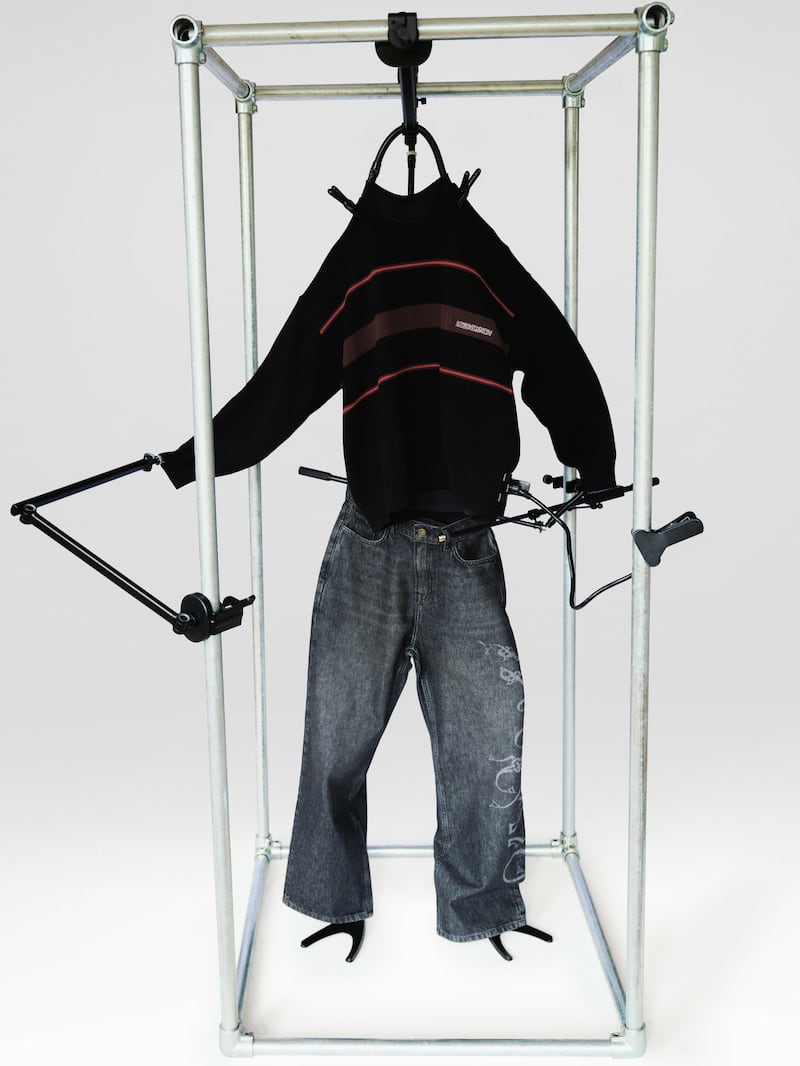 Robyn Lynch cotton knit crew neck jumper (€250) and laser etch denim jean (€215)