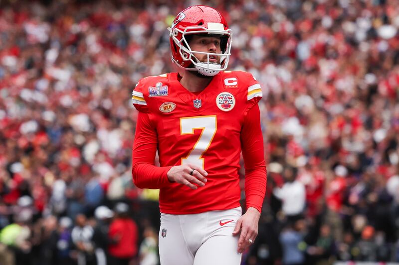 Harrison Butker of the Kansas City Chiefs warms up before their Super Bowl game against the San Francisco 49ers in Las Vegas on February 11th. Photograph: Perry Knotts/Getty Images
