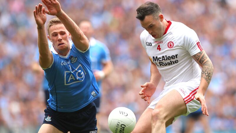 Dublin’s Paul Mannion attempts to block Cathal McCarron of Tyrone during the All-Ireland semi-final at Croke Park. Photograph: James Crombie/Inpho