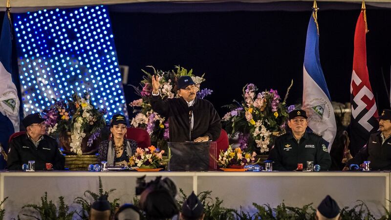 President Daniel Ortega of Nicaragua speaks at an event to celebrate the 36th anniversary of the constitution of the country’s air force in Managua, Nicaragua, on August 12th, 2015. Photograph: Meridith Kohut/New York Times