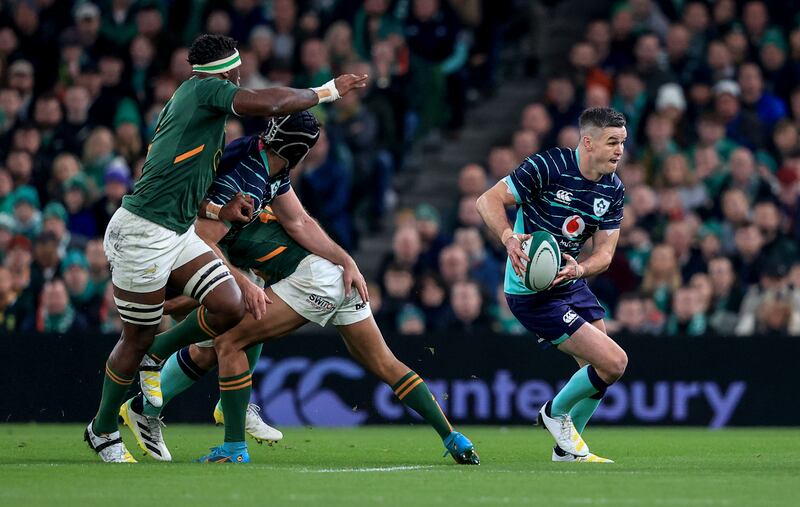 Johnny Sexton in action against South Africa during the autumn series at the Aviva Stadium. He is one of rugby’s great  exponents of using variation of his depth to create space. Photograph: Dan Sheridan/Inpho