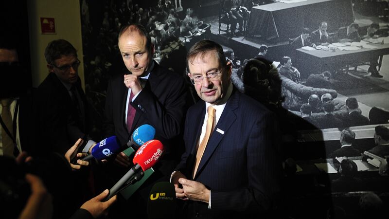 File image of Fianna Fáil leader Micheál Martin and Éamon Ó Cuív at the Mansion House, Dublin. File photograph: Aidan Crawley