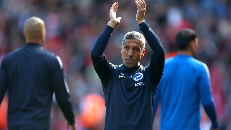 Brighton manager Chris Hughton after his side’s 4-0 defeat at Anfield. Photograph: Dave Thompson/PA