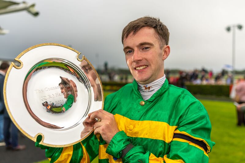 Jockey Alan O’Sullivan celebrates winning with Filey Bay. Photograph: Morgan Treacy/Inpho