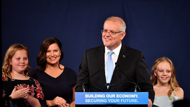 Australian prime minister Scott Morrison (2-R) with wife Jenny (L) children Abbey (R) and Lily (L) after winning the 2019 Federal Election. Photograph: Dean Lewins/EPA