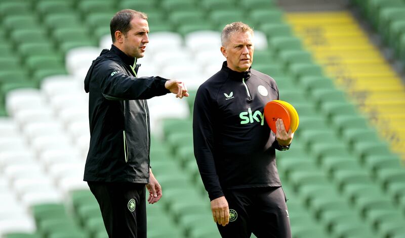 Heimir Hallgrímsson with Republic of Ireland assistant coach John O’Shea. Photograph: Ryan Byrne/Inpho