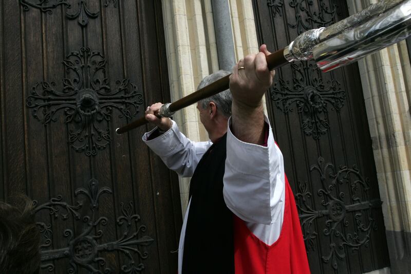 Archbishop Michael Jackson knocks on the door of Christ Church  Cathedral for the service of his enthronement as Lord Archbishop of Dublin, Primate of Ireland and Metropolitan and Bishop of Glendalough in May 2011. Photograph: Cyril Byrne