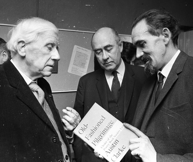 Austin Clarke, Mervyn Wall, secretary of the Arts Council, and Liam Miller  on March 3rd, 1967 at the launch  of Clarke’s Old Fashioned Pilgrimage. Photograph: Gordon Standing