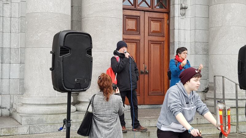 Joe Moore of Anti Deportation Ireland addresses Cork Rebels for Peace rally at Cork City Hall. Photograph: Barry Roche