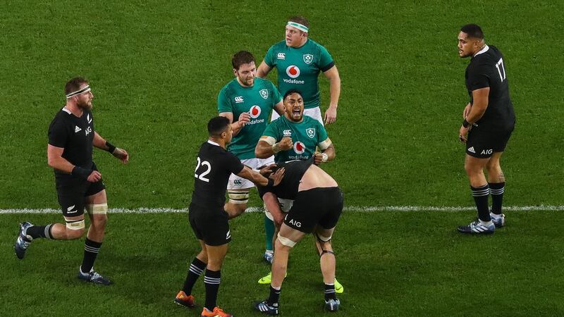 Bundee Aki celebrates Ireland’s win over New Zealand in 2018. Photograph: Tommy Dickson/Inpho