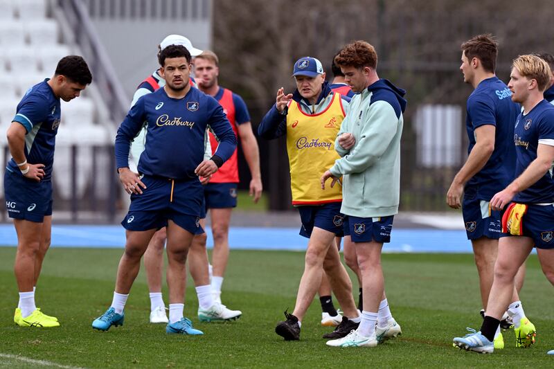 'Aussie' Joe Schmidt talks to his players in Melbourne this week in advance of Australia's second Test against Wales. Photograph: William West/AFP via Getty Images