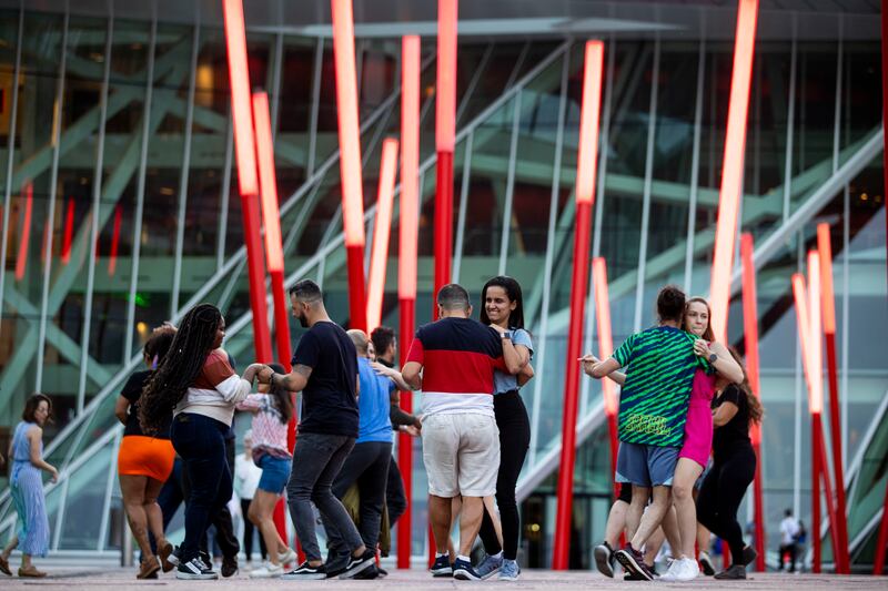 People dance the Brazilian forró at Grand Canal Square in Dublin. Photograph: Tom Honan