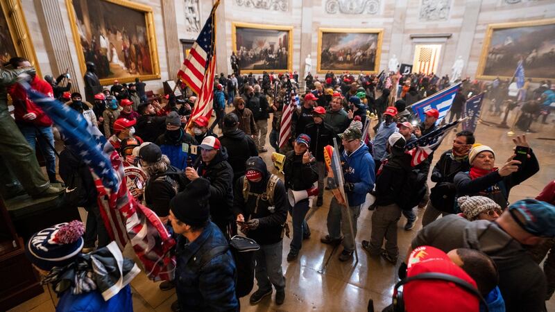 A mob of supporters of president Donald  Trump in the Capitol Rotunda after breaching Capitol security in Washington, DC. Photograph: Jim Lo Scalzo/EPA