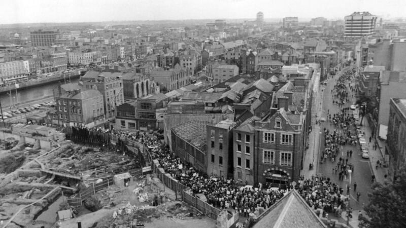 Protests: marchers demonstrate against  the Wood Quay redevelopment during the excavations of the 1970s. Photograph courtesy of Thaddeus Breen/History Ireland magazine