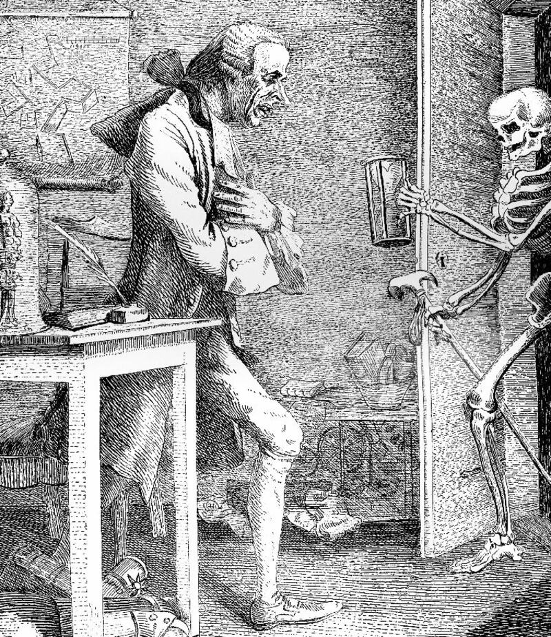 Sterne and Death from 1768, drawn by Thomas Patch. It depicts the Irish-born author Laurence Sterne, who died that year from tuberculosis having suffered from it for many years. Illustration: Print Collector/Getty Images