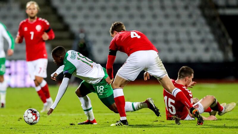 Michael Obafemi during his international debut. Photograph: Ryan Byrne/Inpho