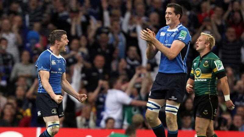 Devin Toner and Brian O’Driscoll celebrate the victory over Northampton in the 2011 Heineken Cup Final at the Millennium Stadium in  Cardiff. Photograph:  Colm O’Neill/Inpho