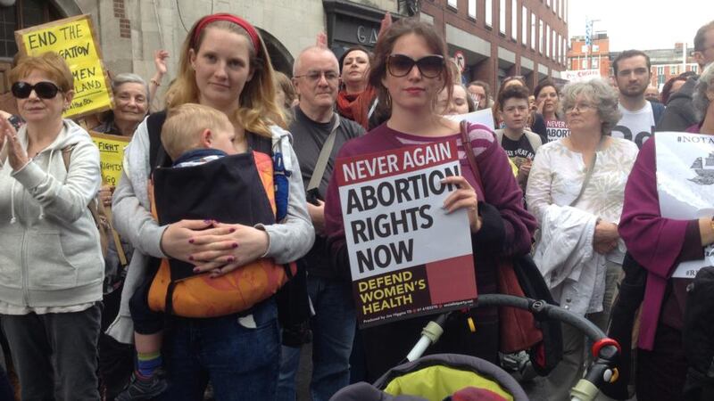 Pro-choice demonstrators at a rally in Dublin this afternoon. Photograph: Erin McGuire/The Irish Times