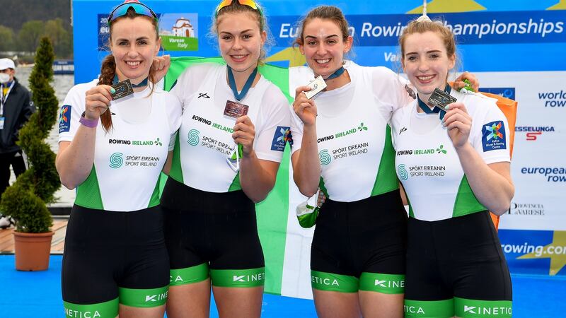 Ireland’s Aifric Keogh, Eimear Lambe, Fiona Murtagh and Emily Hegarty with their silver medals after finishing second in the Women’s Fours final at the European Rowing Championships in Varese, Italy on Sunday. Photograph: Detlev Seyb/Inpho