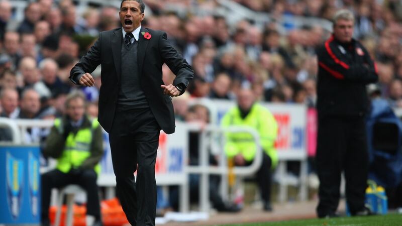 Newcastle manager Chris Hughton reacts as Sunderland boss Steve Bruce looks on during the Premier League match at St James’ Park in October 2010. Photograph:  Stu Forster/Getty Images