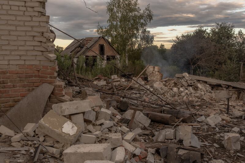 House lie destroyed following recent Russian shelling in the village of Loknya near the Russian border on Tuesday. Photograph: Roman Pilipey/AFP via Getty