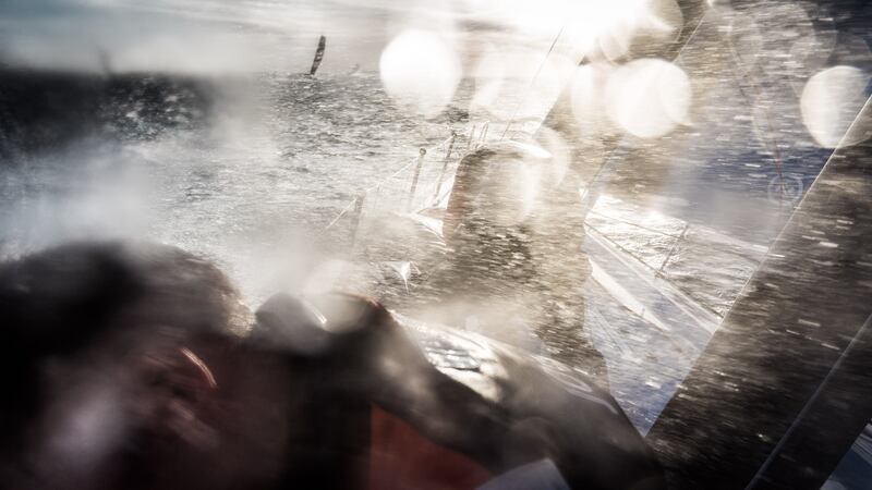 Nicolai Sehested and Tom Johnson of Team Vestas Wind struggle on the foredeck in 201. Photo: Brian Carlin/Team Vestas Wind/Volvo Ocean Race via Getty Images