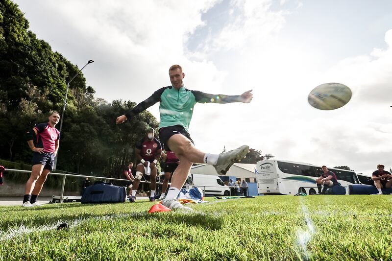 Ireland’s Ciarán Frawley practices kicking. Photograph: Billy Stickland/INPHO