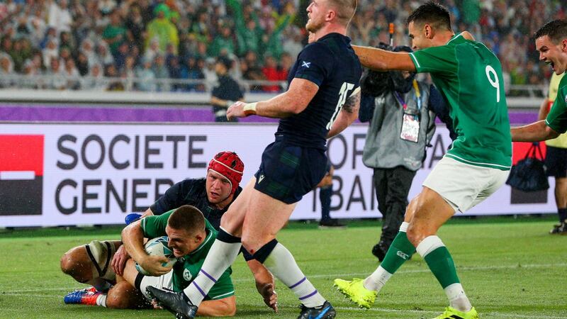 Conway celebrates scoring his side’s fourth try. Photo: Craig Mercer/Inpho