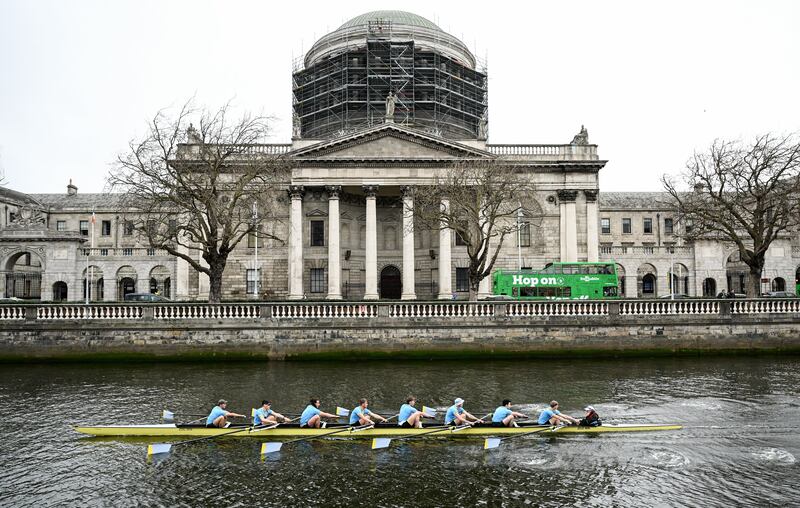 The UCD senior men's eight: Bow Eoin McGrath, David Ross-Chu, Andrew O’Leary, Ciaran Conway, Paul Flood, Ross Mason, Daire Lynch, stroke Dach Murray and cox Rhian Nelson. They contested the Gannon Cup against Trinity in the 75th annual Colours boat Race. Photograph: Shauna Clinton/Sportsfile