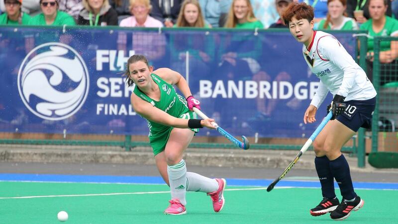 Ireland’s Lizzie Colvin in action during the FIH Women’s Series Final against Korea at Banbridge Hockey Club. Photograph: Jonathan Porter/Inpho/PressEye