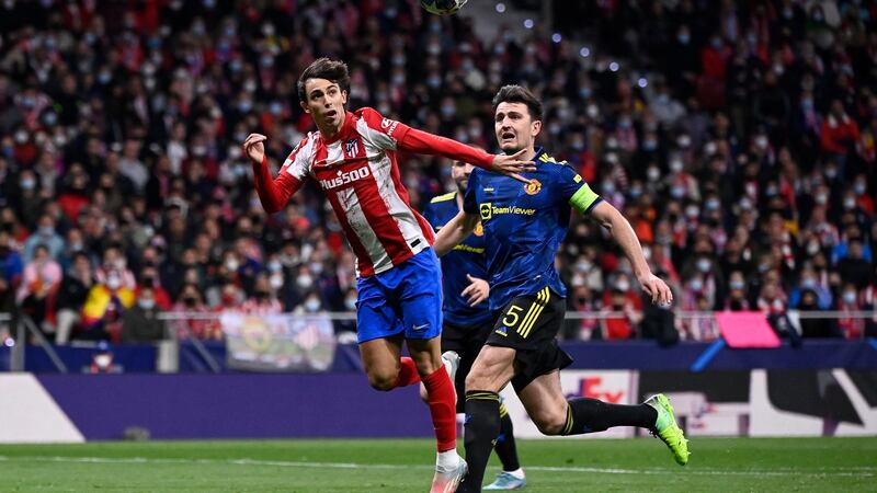 Atletico Madrid’s  Joao Felix heads home the opening goal during the Champions League  match against  Manchester United at the Wanda Metropolitano stadium in Madrid. Photograph:  Oscar Del Pozo/AFP via Getty Images